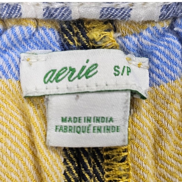 Aerie Plaid Pajama Set Button Up Shirt & Shorts Yellow Blue M Top S Shorts - Picture 9 of 12